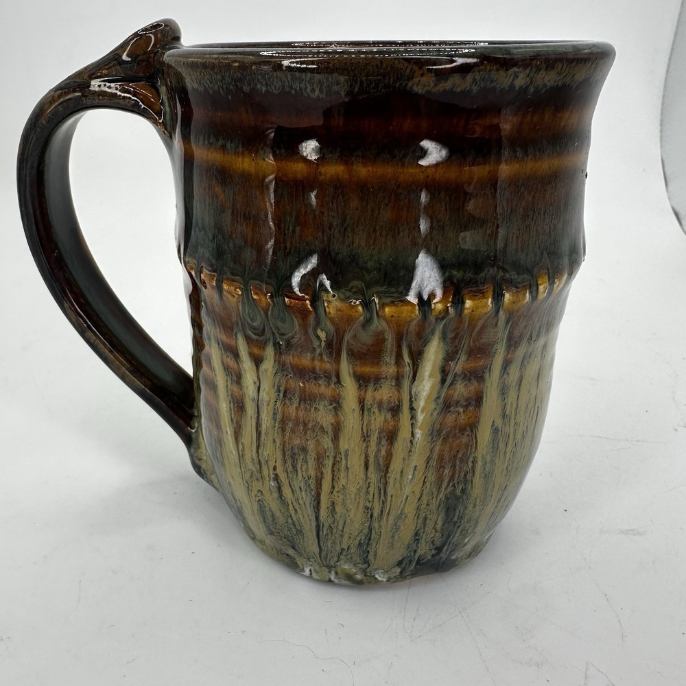 Handmade Studio Pottery Stoneware Drip Glaze Mug EUC Brown Blue Signed Rustic